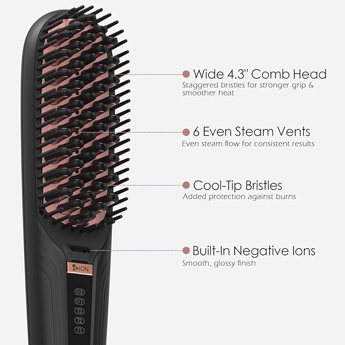 Tome Steam Straighteners for Hair Negative Ion Hair Straightener Brush with 2 Steam Levels 428°F High Heat Electric Hot Comb for Thick &amp Curly Hair Anti-Scald Steam Brush for Women Black