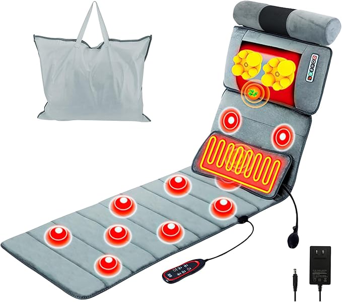 KOCASO Full Body Massage Mat with Heat - 10 Vibration Motors &amp 9 Modes Electric Neck Massager with with ith Neck Back Massager Lumbar Pillow Timer Anti-Slip Bottom Back Massage Mattress Chair Pad
