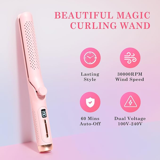 Hahahope Hair Straightener Curler 2-in-1: 1.25 Flat Iron for Women - Curling Wand 360° Airflow Cooling Vents Titanium Ionic for Less Frizz - 5 Temps &amp Auto Off Dual Voltage (Pink)