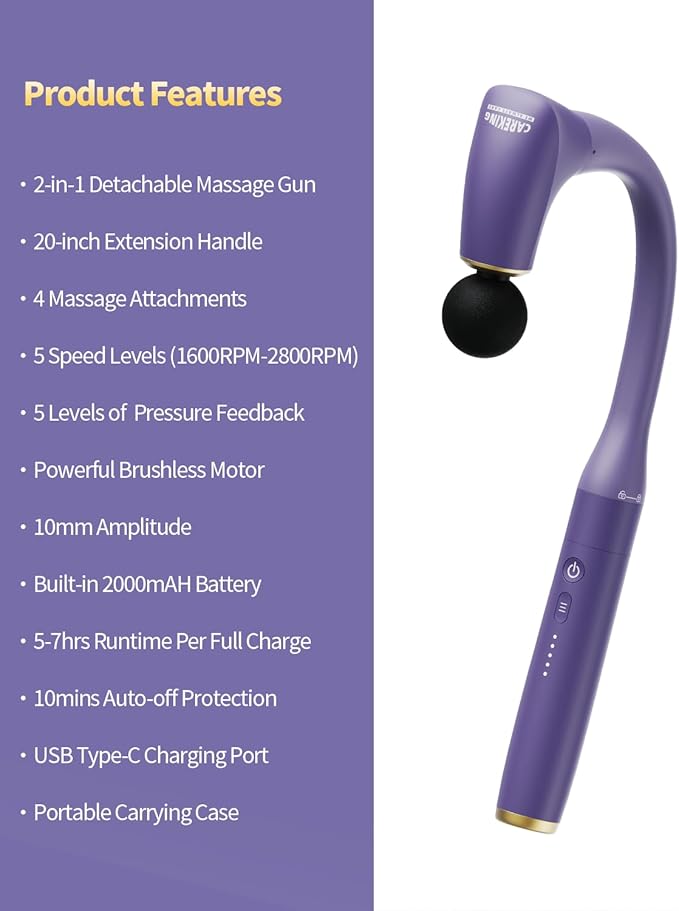 2-in-1 Detachable Muscle Massage Gun Deep Tissue with 20'' Extension Handle Back and Neck Massager for Pain Relief Handheld Massager for Shoulder Lower Back Leg Waist Purple