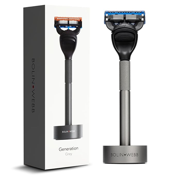 Bolin Webb Generation Razor &amp Stand - Luxury Razors for Men with Gillette Fusion 5 Blades Premium Aluminum Shaving Razor for Smooth Irritation-Free Shave Ideal Gift &amp Daily Grooming Set (Gr