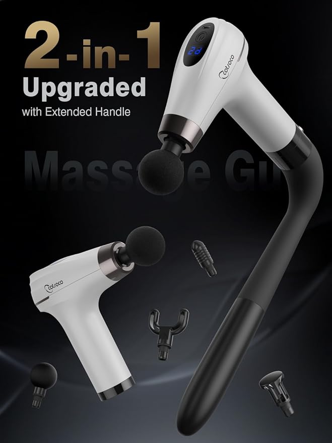 cotsoco Massage Gun with Upgraded Extension Handle Percussion Deep Tissue Back Massager with 4 Massage Heads &amp 6 Speed Levels Muscles/Neck/Shoulders/Waist/Legs Massager for Pain Relief Gifts