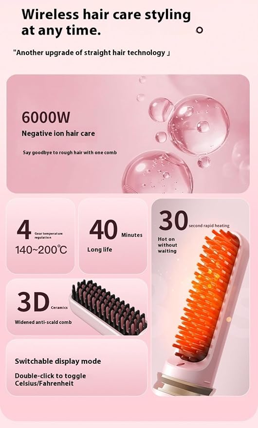 Cordless Hair Straightener Portable Mini Cordless Straightening Brush USB Rechargeable with LCD Temperature Display Adjustable Heat Settings Ideal for Travel Frizz-Free Smooth Hair (Pink)