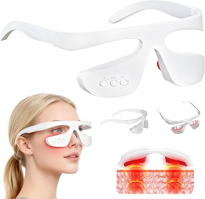 Under Eye Red Light Therapy Glasses Reducing Dark CirclesLight Therapy and HeatLight Therapy and Heat for Eye Fatigue(White &amp 3 Modes)