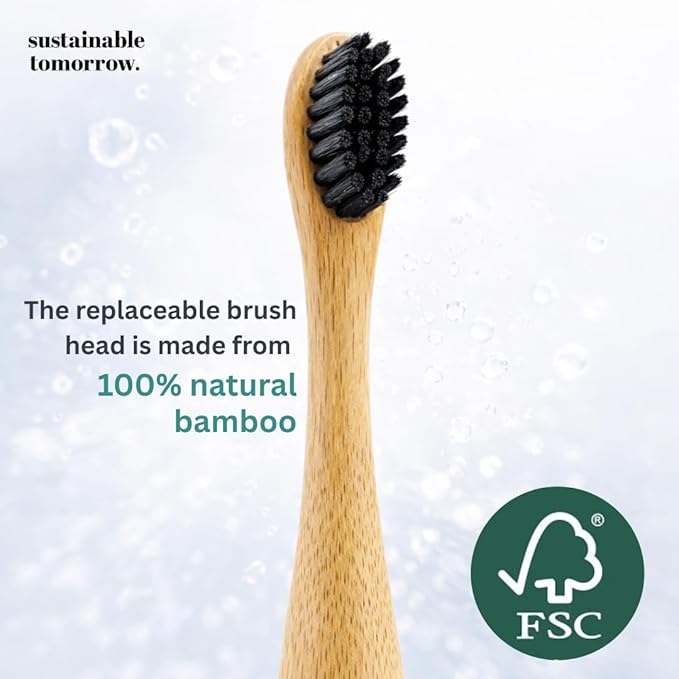 Sustainable Tomorrow Zen Bamboo Electric Toothbrush Durable Wood-Grain ABS Handle Rechargeable w/Plant-Based Soft Bristles Bamboo Heads 5 Modes &amp 30-Day Battery