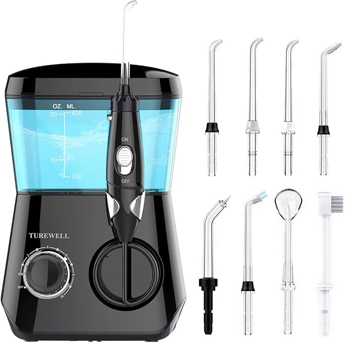 TUREWELL Water Flossing Oral Irrigator 600ML Dental Teeth Cleaner 10 Adjustable Pressure Electric Oral Flosser for Braces 8 Replacement Jet Tips for Family (Black)