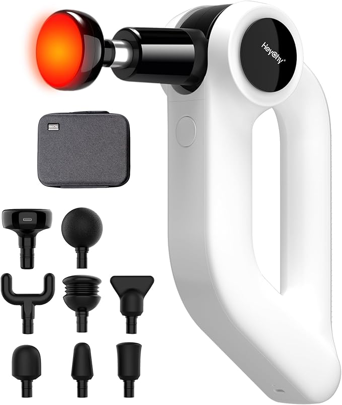 Massage Gun with Heat - Deep Tissue Percussion Massager for Pain Relief 12mm Amplitude 5 Speeds &amp 8 Attachments Ideal for Muscle Recovery Back Shoulder Leg - Gift for Athletes Men Women (Whi