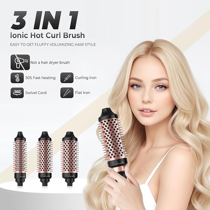 ISAGIY 3-in-1 Electric Hair Curling Irons with Detachable Head Thermal Brush Set for Voluminous Style Non-Blowing Heated Round Brush with Adjustable Temp