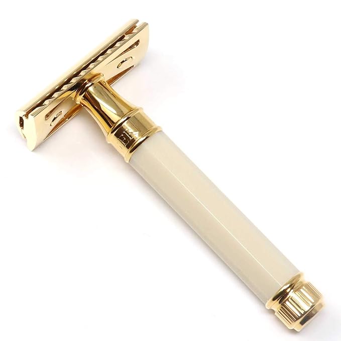 Double Edge Safety Razor Regular Handle Imitation Ivory and Gold Plated Octagonal