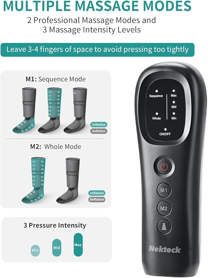 Nekteck Leg Compression Massager for Circulation and Relaxation FSA Eligible Foot and Calf Massage Machine 2 Modes 3 Intensities with Hand-held Controller for Pain Relief HSA Adjustable Leg Wraps