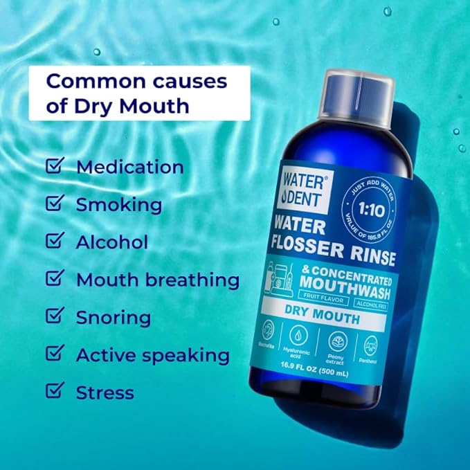 Concentrated Irrigant and mouthwash Dry Mouth | Add to Water Flossers | Fruit Flavor | When dilluted 16.9 fl.oz = 186 fl.oz | Alcohol Free Fluoride Free. Made in USA (Non-Medical) WATER DENT