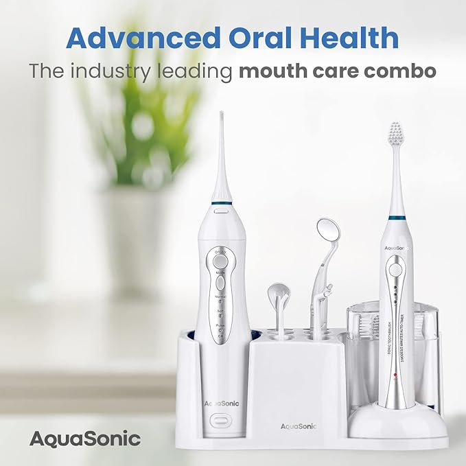AquaSonic Home Dental Center Rechargeable Power Toothbrush &amp Smart Water Flosser - Complete Family Oral Care System - 10 Attachments and Tips Included - Various Modes &amp Timers (White)