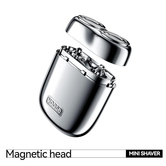 yoose Mini Shaver Bundle: Portable Electric Shaver for Men and Replacement Head Magnetic Design IPX7 Waterproof Dry Shave Silver