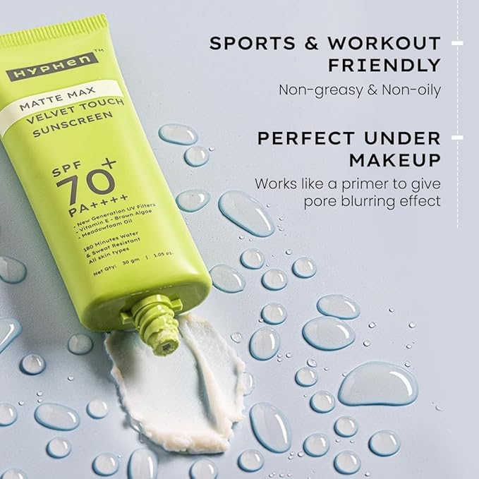 Hy-phe-n Matte Max Velvet Touch Sunscreen SPF 70+ PA++++ | Sun Protection | Sun Shield |Sunscreen SPF No White Cast Non Greasy &amp Lightweight | For Oily Combination &amp All Skin Types-30g