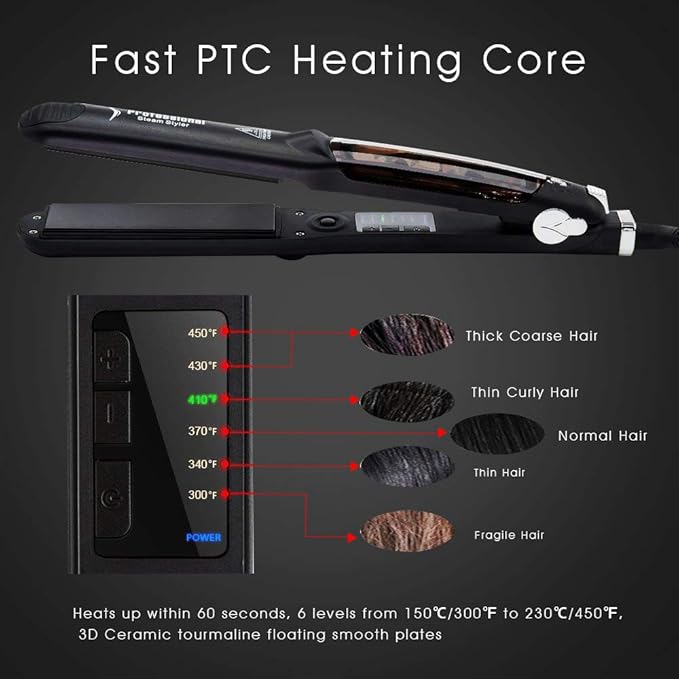 DORISILK Steam Straightener for Hair Professional Steam Flat Iron Salon Ceramic Tourmaline Vapor Steam Ionic Straightening Iron 2 in 1 Hair Straightener and Curler Dual Voltage Adjustable Temp