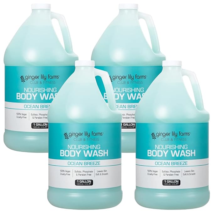 Ginger Lily Farms Club &amp Fitness Nourishing Body Wash 100% Vegan &amp Cruelty-Free Ocean Breeze Scent 1 Gallon Refill (Pack of 4)