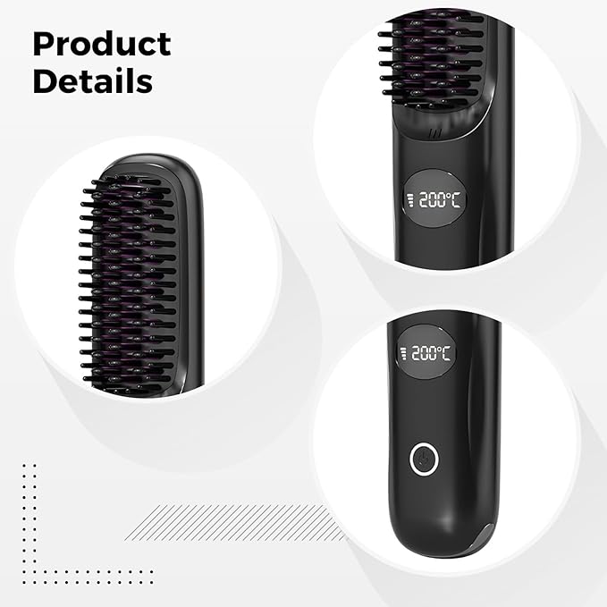 Usb Rechargeable 7.9 In / 20 Cm Cordless Hair Straightener Comb Lcd Portable Hot Brush Ceramic Heating Anti-Scald For Travel 160-200℃