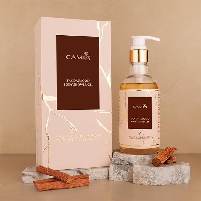 CAM_IA Sandalwood Body Shower Gel | A Luxurious Blend of Sandalwood Oil Glycerine &amp Vitamin E That Soothes Hydrates and Restores Skin with its Gentle Calming Lather | 250 ML