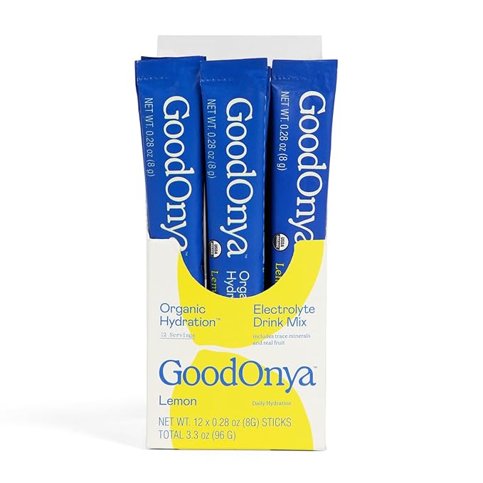 GOODONYA Organic Hydration Electrolyte Drink Mix Certified Organic Hydration Powder Non-GMO Biochecked Glyphosate Free Low Sugar Lemonade Flavor No Artificial Flavors12 Stick Packs
