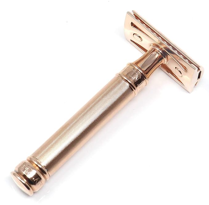 Double Edge safety razor barley effect handle with complimentary Feather blade (Rose Gold)