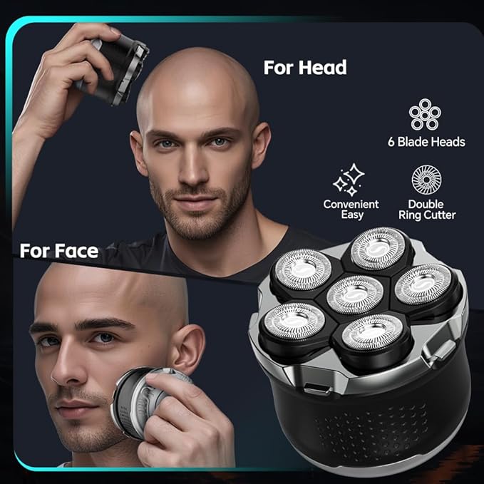 Electric 6D Floating Head Shavers for Bald Men Magnetic Rotary Shaver for Men FaceWet Dry IPX6 Men's Razor LED Display Rechargeable with USB-C Charge