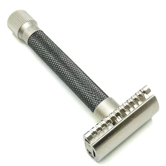 Parker THE VARIANT OPEN COMB - ADJUSTABLE Double Edge Safety Razor Customize your Shave with a Turn of the Dial from Mild to Aggressive - 5 Blades Included (Graphite Gray)