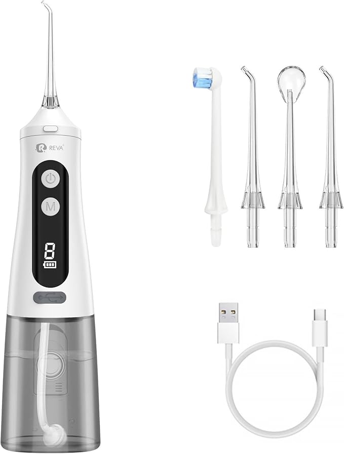 Professional Water Dental Flosser for Teeth &amp Braces - 9 Modes Cordless Oral Irrigator 350ML Large Reservoir 360° Nozzle IPX7 Waterproof Rechargeable Dental Floss Tool (M131 - White)