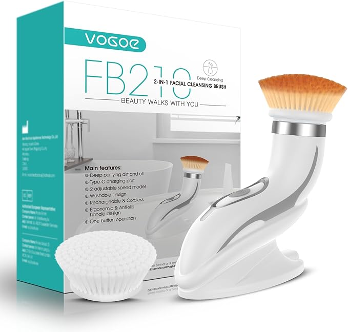 Facial Cleansing Brush-Spin Face Scrubber Exfoliator Rechargeable 2-Speed Rotation Electric Face Wash Brushes for Cleansing and Exfoliating with 2 Brush Heads Grey