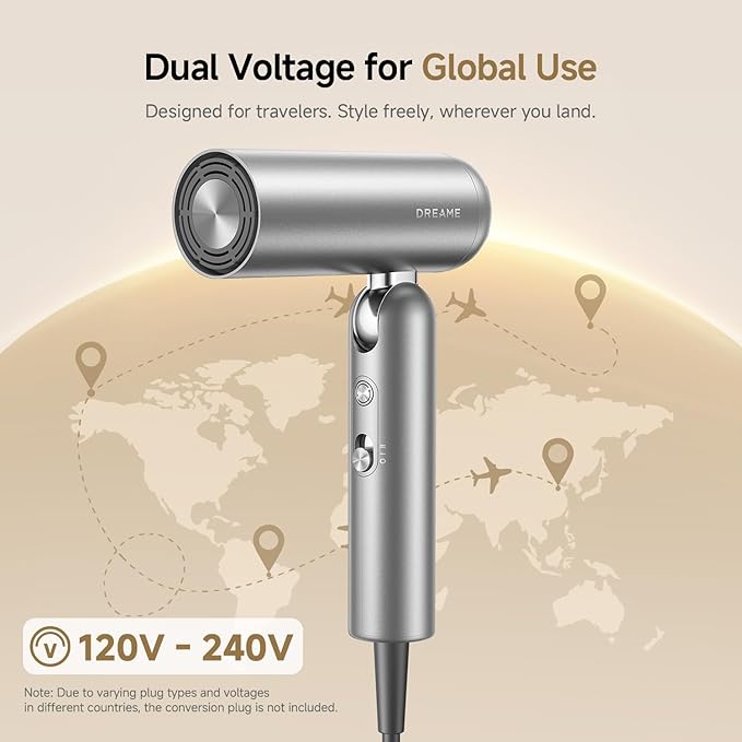 Dreame Pocket Pro Hair Dryer Dual Voltage Travel Blow Dryer with Diffuser 1300W Professional HighSpeed Ionic Hair Blower Fast Drying Low Noise Lightweight No Heat Damage Global Travel 120V/240V