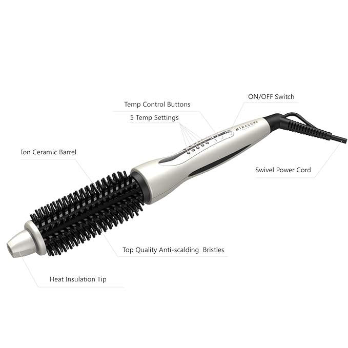 MIRACOMB Hair Curler Straightening Brush - Ceramic Tourmaline Flat Curling Iron - Cool Touch Round Brush PRO Multi Styler with 5 Heat Adjustments 1 Inch Barrel White (Enhanced)