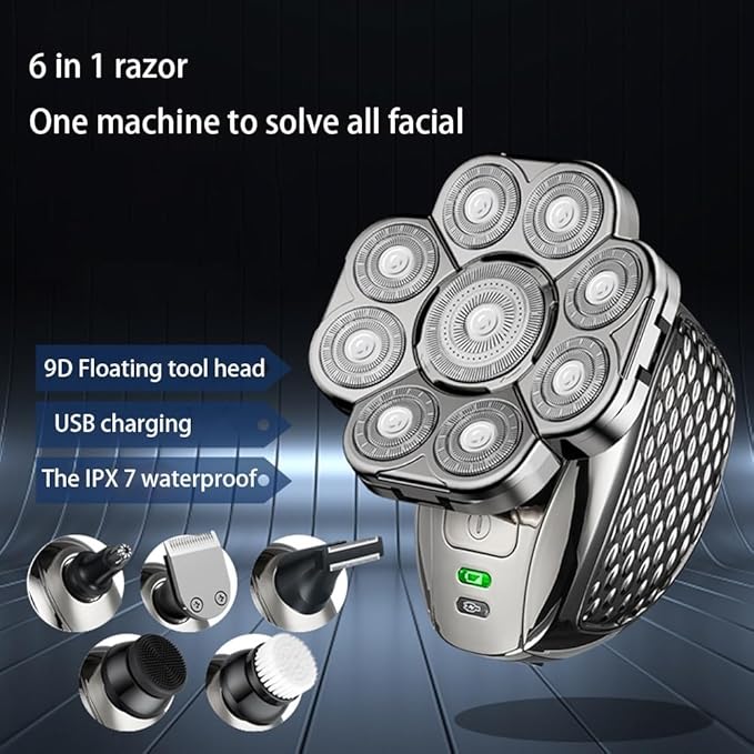 Head Shavers for Bald Men 6 In 1 Men's Bald Head Electric Shaver 9 Blades Floating Heads Beard Nose Ear Hair Trimmer Clipper Facial Brush Rechargeable Razor