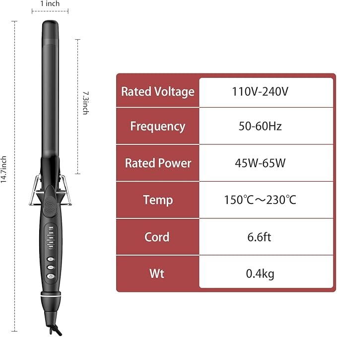 SAOSA 1 Inch Extra Long Barrel Curling Iron Tourmaline Ceramic Curling Iron with Auto Shut-Off Dual Voltage 110-240V Hair Curler Suitable for Travel Including Glove