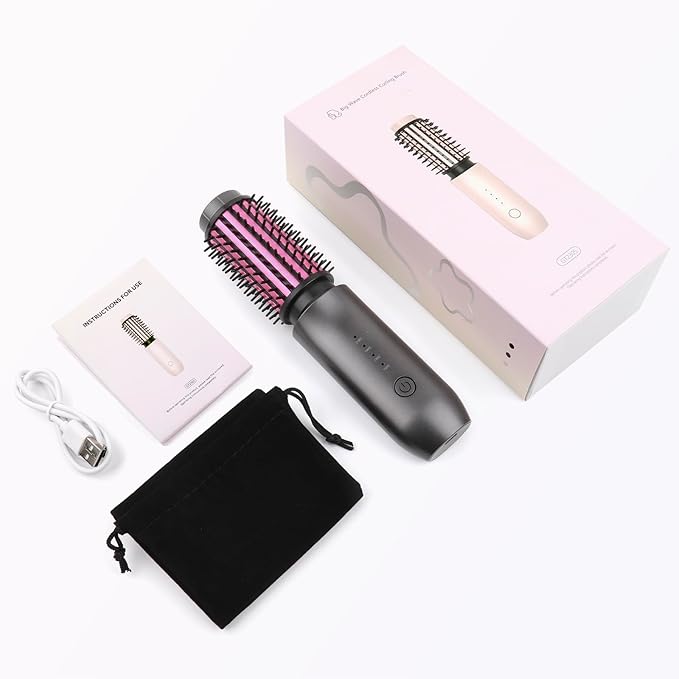 Cordless Curling Iron Brush 2024 New Portable Travel Curling Iron Mini Brush for Women 7000Mah USB Rechargeable Curling Wand Brush with Negative Ion Gray