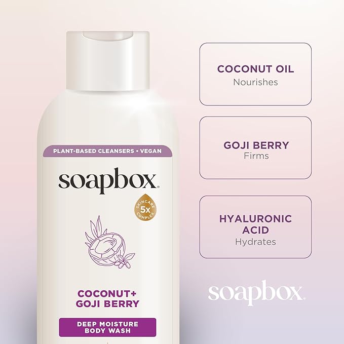 Soapbox Body Wash Coconut + Goji Berry Body Wash for Women Men Vegan + Antioxidant Rich Moisturizing Soap with Shea Butter Peptides &amp Keratin Promoting B3 3 Pack 20oz Each