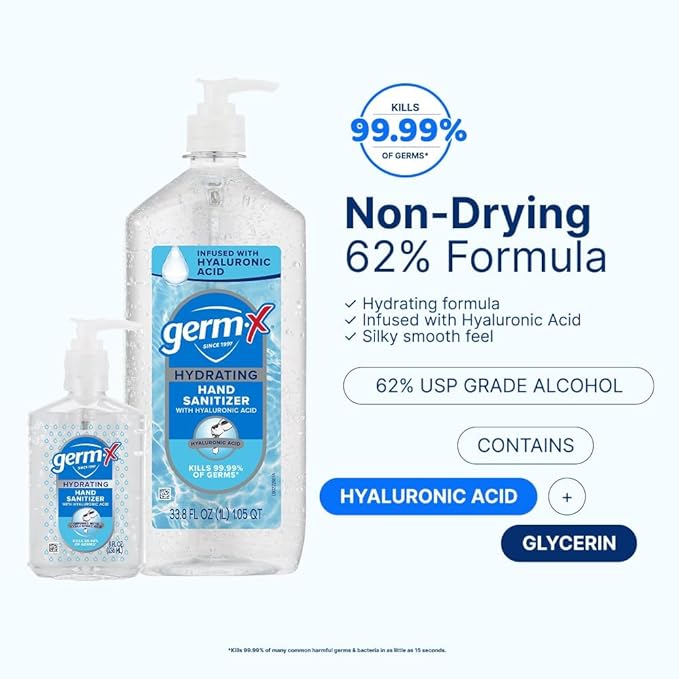 Germ-X Hydrating Hand Sanitizer with Hyaluronic Acid 1L (Pack of 4) Bulk Pack No Rinse Formula Sanitizing Liquid Gel for All Skin Types Formulated without Parabens Phthalates &amp Dyes