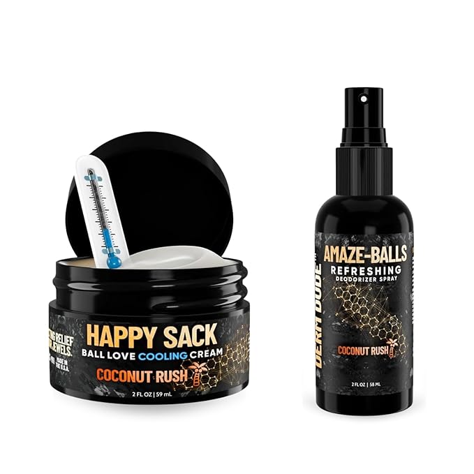 Derm Dude Below-the-Belt Deodorant Bundle | Happy Sack Anti-Chafing Cream 2oz + Amaze Ball Deodorant Spray 2oz | Groin &amp Sack Odor Control Sweat Protection Talc-Free Aluminum-Free with DeoPlex