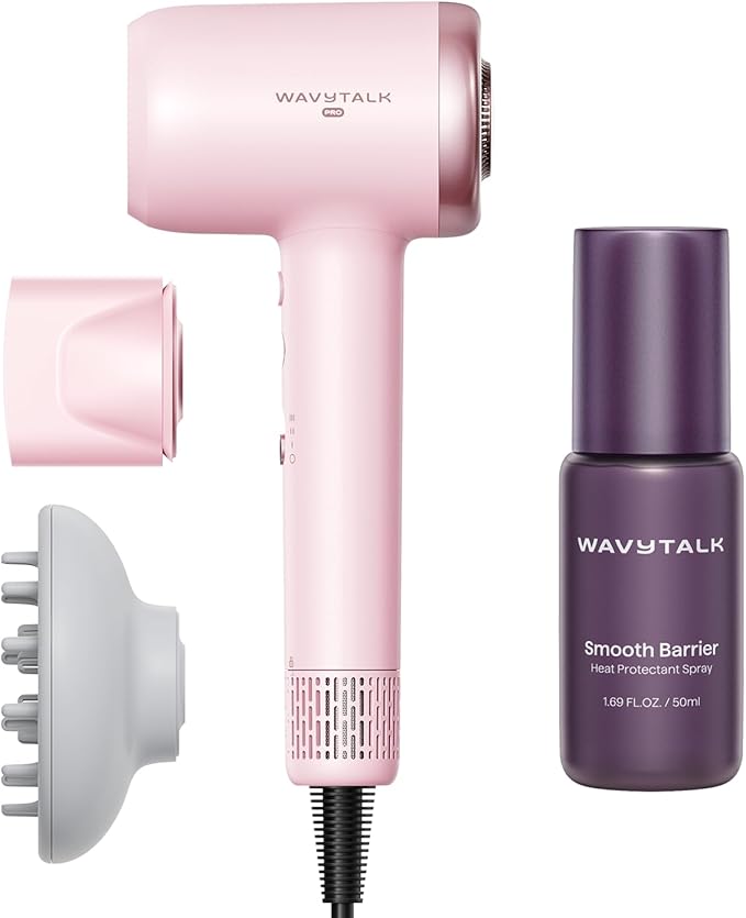 Wavytalk Turblow Pro Fast Drying Hair Dryer Pink and Heat protectant Spray for Hair 1.69 Fl Oz
