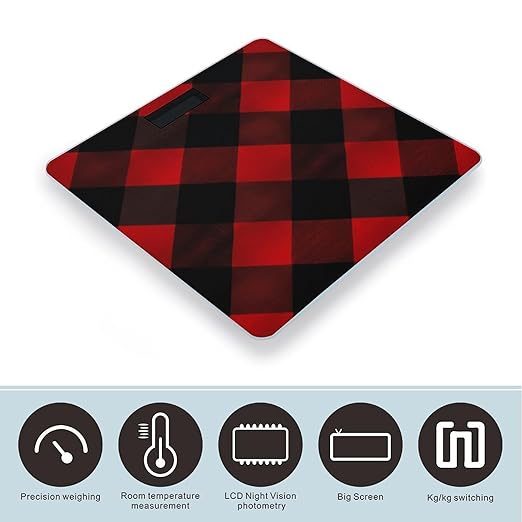 Plaid Red and Black1 Weight Scale Large Bathroom Scales Digital Weight with Bright LED Display Non Slip Automatic Weighing Scale Fashion Weighing Machine for Body