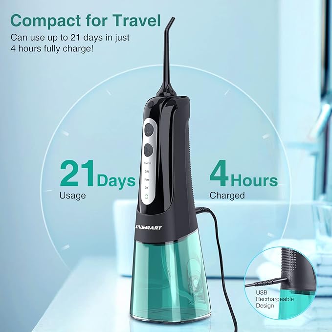 Cordless Water Dental Flosser Teeth Cleaner with Tips Case INSMART Professional 300ML Tank DIY Mode USB Rechargeable Oral Irrigator for Home and Travel IPX7 Waterproof 4 Modes Irrigate for Oral Care