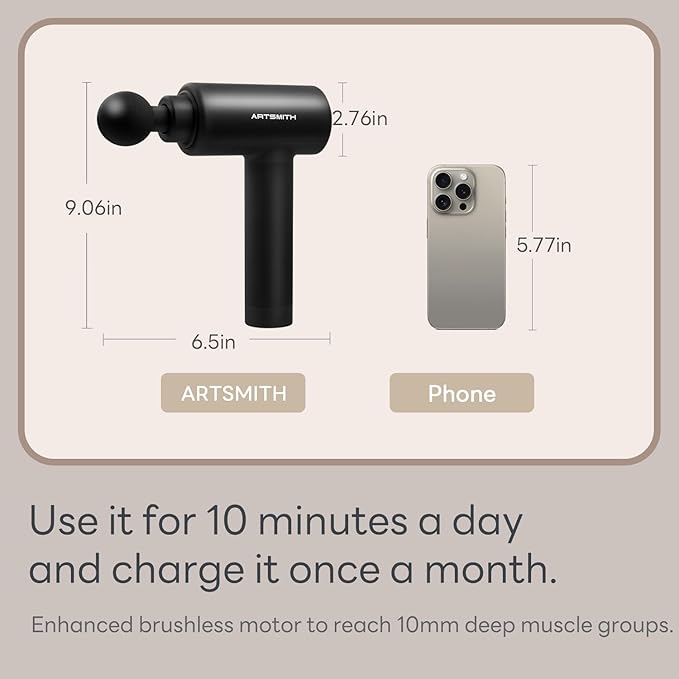 ARTSMITH Massage Gun Deep Tissue for Pain Relief Silent Back Massage Recovery &amp Pain Relief Back Muscle Massager with 5 Massages Heads &amp Carry Case Black (AS500SE)