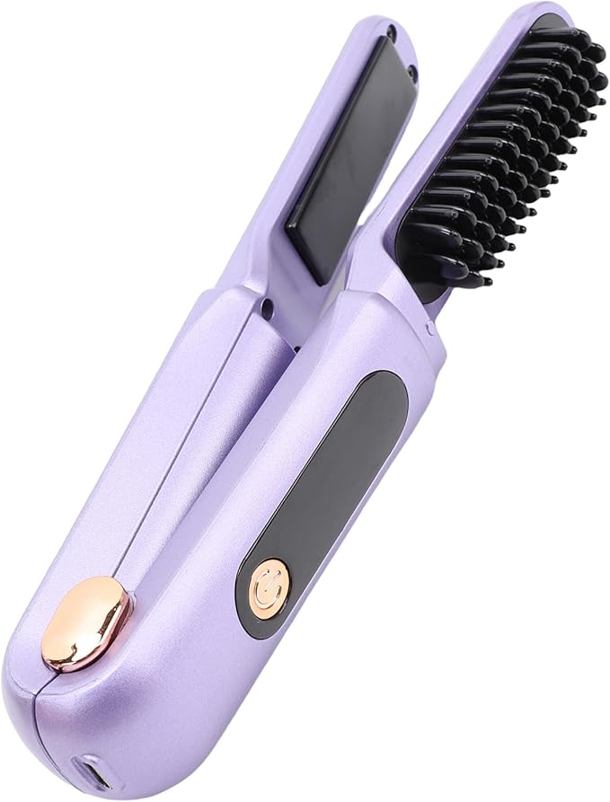 YUYTE Hair Straightener Brush for Women: 2 in 1 Curling &amp Straightening Brush with Dust Cover Ceramic Hot Comb with 3 Temps for Hair Styling (Purple)