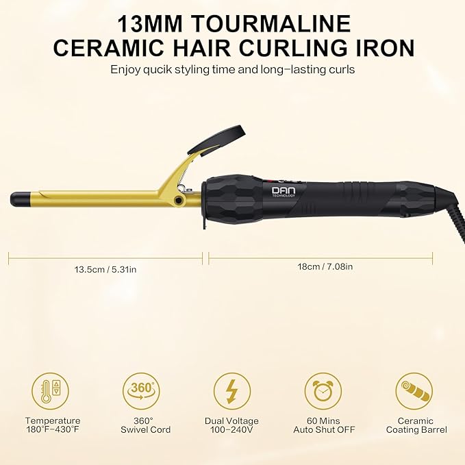 DAN Technology 3/8 Inch Tiny Curling Wand for Tight Spiral Curls Tourmaline Ceramic Small Barrel Hair Curler with LCD Display (180°F–430°F) Fast Heating Dual Voltage Auto Shut-Off Black &amp Gol