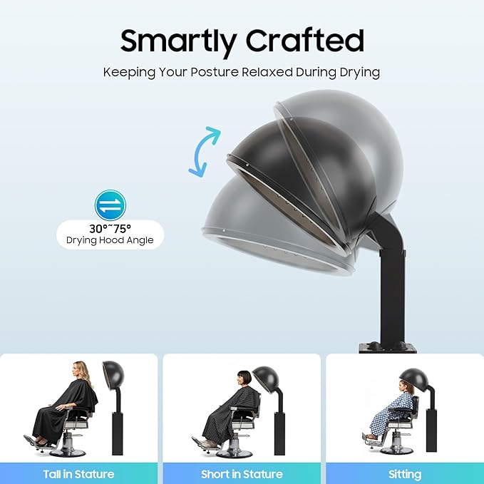 Hooded Hair Dryer 1200W Stand Hair Dryer Pro Bonnet Hair Dryers with 3 Temp Settings &amp Adjust Time Smart Hooded Dryer for Homes Beauty Salons Hair Salons
