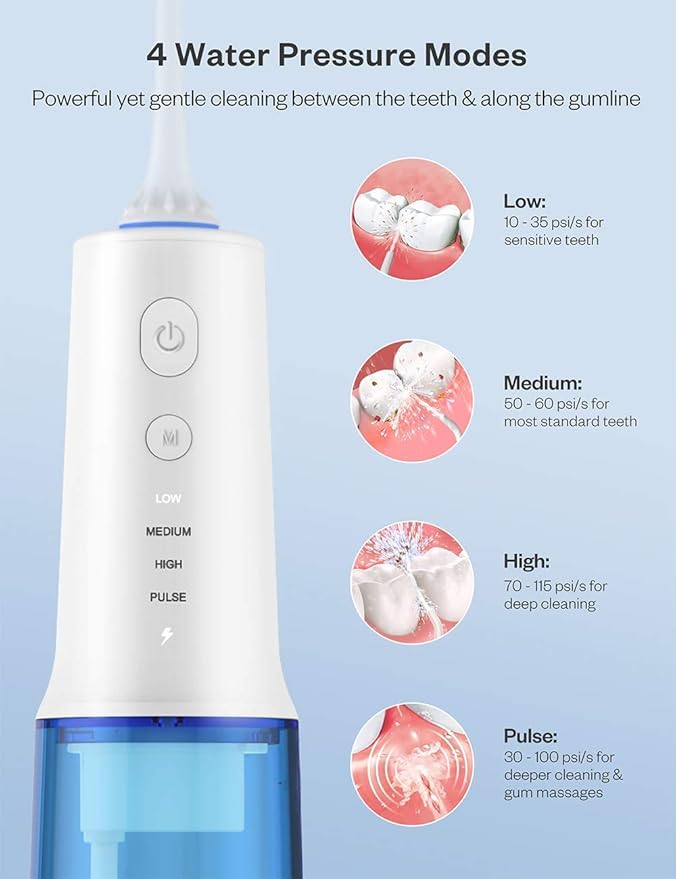 Professional Water Flosser for Teeth Cordless Dental Oral Irrigator 4 Modes with 320ml Water Tank IPX7 Water Flosser Portable and USB Rechargeable for Travel Home Office