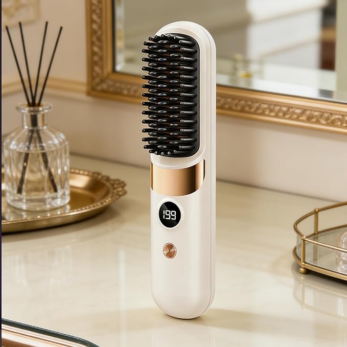 Hair Straightener Brush - Rechargeable with 4 Temperature SettingsHair Straightener Comb Cordless - for Home Travel Apartment College Dorm Vacation Women Wife Family