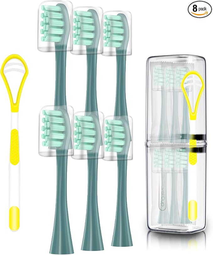 6 Pack Electric Toothbrush Replacement Heads Suitable for Oclean X Pro Elite/X/X Pro/Flow/F1/Air 2-Vacuum-Sealed with Hygienic CapsBonus Tongue Scraper &amp Travel Cup Included-Green