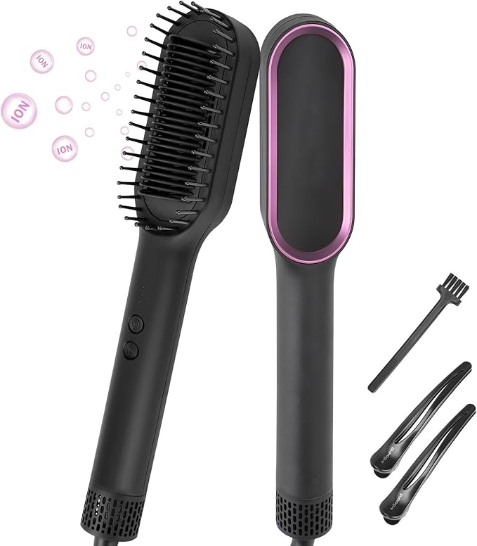 Generic Negative Ions Hair Straightener Brush 3D Comb Teeth Fast Heating 30 Seconds Salon Quality for Straight Curly Hair with 2 Hair Clamps 1 Cleaning Brush for Home Travel Gifts (Black Red)