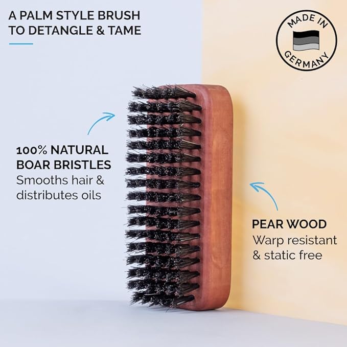 ZEUS Palm Beard Brush for Men Firm 100% Boar Bristles Gently Detangles Smooths &amp Conditions Facial Hair German-Made Pear Wood Handle (G91)