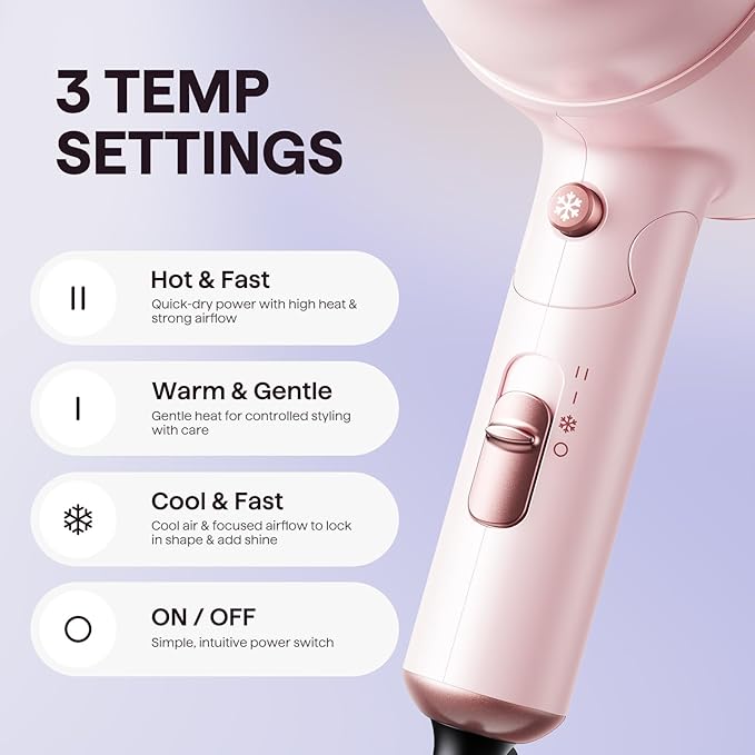 Wavytalk Blow Dryer with Diffuser Mini Hair Dryer with Folding Handle 1600W Quiet Lightweight Hairdryer with Diffuser Compact Design Pinky White