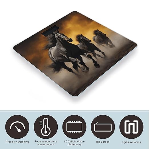 Running Black Horses Bathroom Scale Large LCD Backlight Display Digital Scale Rounded Corners Body Scales Automatic Power On/Off Bathroom Scales for Home Bedrooms